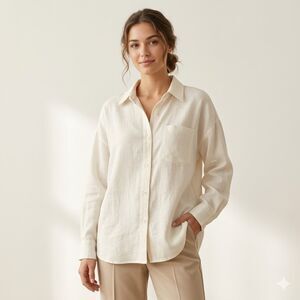 Forever 21 Oversized Linen-Blend Pocket Ivory Button Long Sleeve Blouse SZ L
